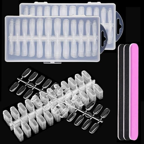 480 Capsules Américaines Ongles Transparentes & Semi-Transparentes, 2 Boîtes de Faux Ongles en Gel Souple Forme Amande, Kit Pose Américaine DIY pour Salon ou Maison (22 Tailles)