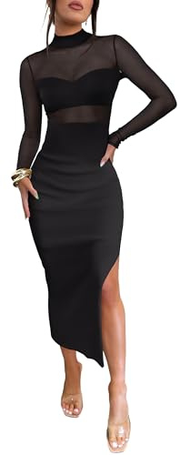 Caracilia Womens Mesh Dress Long Sleeve Mock Neck Bodycon Sheer Going Out Cocktail Night Club Midi Dresses 3 Piece Outfits Black Large