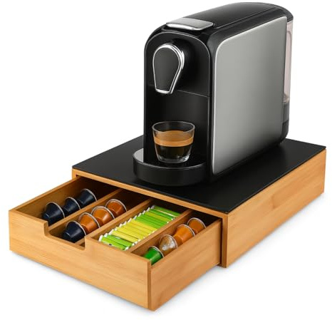 Paluplus Cassetto Portacapsule in Legno di Bamboo e Vetro Nero, misura 31,5x30x10 cm, Supporto per Macchina da Caffè con 4 Scomparti per Cialde e Capsule -320M -2,6