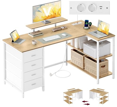 VASAGLE L-format hörnskrivbord med uttag, datorbord, spelbord, kan monteras på båda sidor, justerbara hyllor, 4 lådor, 2 USB-portar, 140 x 80 cm, naturliga färger LWD172YD01