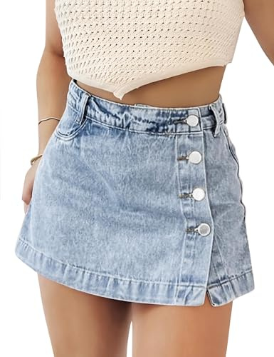Jeanskjol dam kort hög midja mini denim kjol casual stretch minikjol trendiga jeans kjol med fickor, A-ljusblå, L
