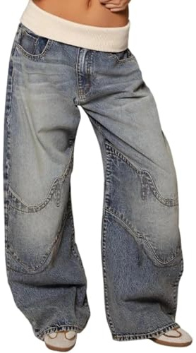 Baggy Jeans Women's Knitted Waistband Medium Low Waist Wide Leg Denim Trousers Vintage Washed Distressed Y2K Boyfriend Jeans Hip Hop Streetwear (Blue,S)