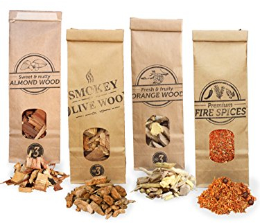 Smokey Olive Wood 3X 500ml selección de virutas para ahumar + 1x 300ml Fire Spices: virutas de Madera para Barbacoa & ahumar, Olivo + Haya, Naranjo, Almendro, y Mezcla de Especias para Quemar