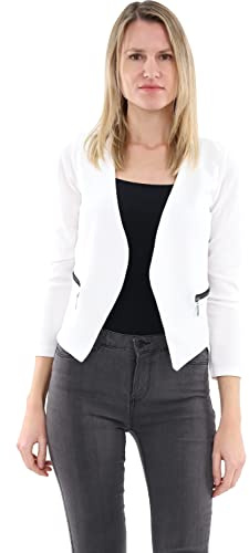 Malito – Dam blazer långärmad – enfärgad jerseyblazer – kort basjacka – sweatblazer med dragkedja – väska – skräddarsydd kavaj 6040 (storlek S-XXL), Vit, XXL