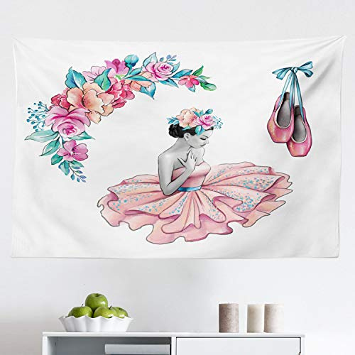 Ambesonne Ballerina Tapestry, Painting Illustration of Girl with Floral Head Wear and Fluffy Pastel Toned Tutu, Fabric Wall Hanging Decor for Bedroom Living Room Dorm, 45 X 30, Multicolor