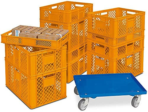 11 contenitori Euro/impilabili in 4 altezze, PE-HD, arancione, 600 x 400 mm, altezza 90 mm/150 mm/240 mm/320 mm, con rullo di trasporto incluso