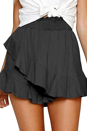 FRTROIN Skorts Skirts for Women Mini Wrap Skirt Beach Flowy Linen Cotton High Waisted Shorts for Summer Black-S