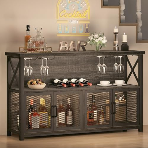 LVB Gabinete de bar de vinos, gabinete industrial para licor y vasos, aparador moderno con estante de almacenamiento, bar rústico de licor para cocina, comedor, sala de estar, roble gris oscuro, 47
