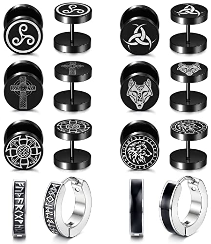 JeweBella 8Paar Ohrstecker Herren Edelstahl Vikings Rune Schwarze Ohrringe Wolfskopf Keltischer Knot Ohrringe Piercings Ohrstecker Set Punk Klassische Ohrringe Creolen Hypoallergen für Damen Männer