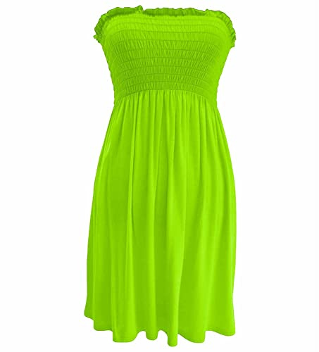 STAR FASHION Women’s Strapless Sheering Ruched Bandeau Dress Plain Boob Tube Sleeveless Midi Dress Summer Holiday Beach Flared Dress Soft Stretch Neon Green UK 20-22