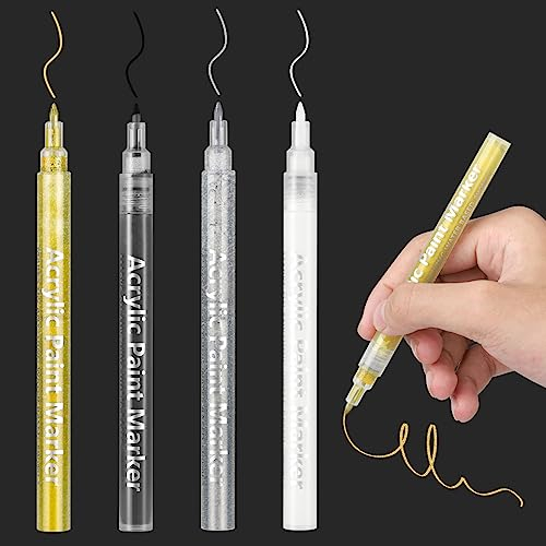 DONQL 4Pcs Acrylic Paint Pen 0.7mm Metallic Permanent Acrylic Markers Set Glass Glitter Paint Pens for Fabric Glass Rock Wooden Ceramic Leather (1 gold+1 silver+1 black+1 white)