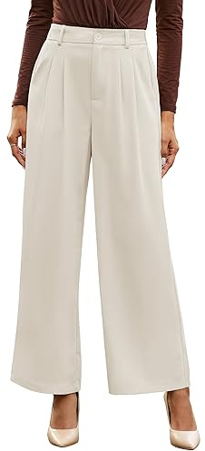 GRAPENT Work Pants Wide Leg for Women Dressy Flowy Pleated Trousers Slacks White Business Casual Outfits Old Money Color Petite Vanilla Ice Size Large 12 14