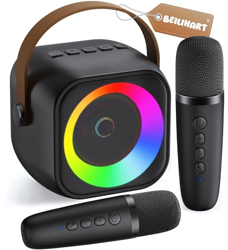 Mini Karaoke Machine, Portable Bluetooth Karaoke Speaker with 2 Wireless Microphones and Party Lights for Kids and Adults, Birthday Gifts for Girls Boys Family Home Party