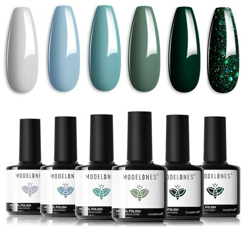 Modelones Gel Nail Polish Set, 6 Colors Green Gel Polish Misty Gray Dark Green Glitter Nail Polish Baby Blue Varnish Kit Soak Off Nail Art Manicure DIY Salon for Women
