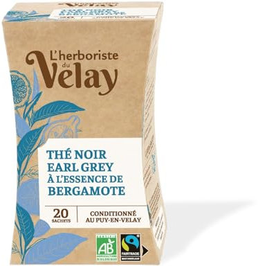 L'Herboriste du Velay - Thé Noir BIO Earl Grey à la Bergamote - Ingrédients 100% Issus de l'Agriculture Biologique - Conditionné au Puy-en-Velay - Boite de 20 Sachets