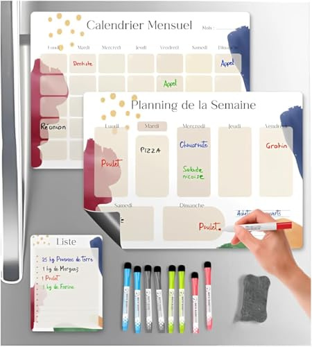 SKYCROO ® Calendrier Magnetique Frigo x3 + Accessoires - Planificateur Hebdomadaire + Mensuel + Mémo Aimanté Planning Semaine Tableau Magnétique Planner Semainier Tableaux Blanc Organisateur Familial