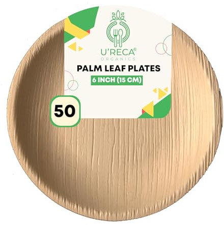 U'reca Organics Eco-Friendly Areca Palm Leaf Round Plates | 6 - Pack of 50 | Ideal for Tea-Time Snacks, Desserts & Side Portions | Leakproof, Biodegradable, Sturdy