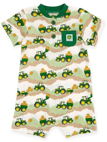 John Deere Newborn Baby Boys Henley Romper Green Trucks 6-9 Months