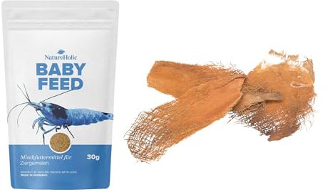 NatureHolic Garnelen Baby Sorglospaket | Garnelenfutter für Babygarnelen & Garnelen Versteck im Aquarium | Aufzuchtfutter & Natürlicher Brutplatz mit Arecafaser für gesunde Junggarnele