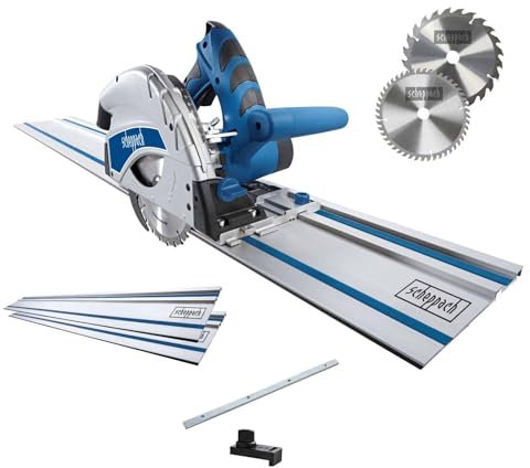 Scheppach Scie plongeante PL55 SE – 230 V – 1200 W – Profondeur de coupe 55 mm – Joint creux 16 mm – Inclinaison de 0° à 45° – 2 rails de guidage, 2ème lame 48Z et accessoires inclus