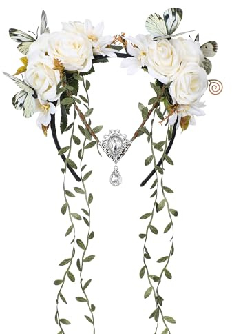 MOSTORY Corona de flores de hadas blancas para mujer, diadema de hadas con mariposa para cosplay Renfaire, boda blanca