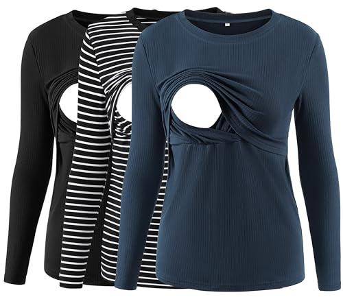 Love2Mi Confezione da 3 magliette da allattamento da donna a coste, a doppio strato, per maternità, Nero/Nero +Bianco Righe/Blu reale, L