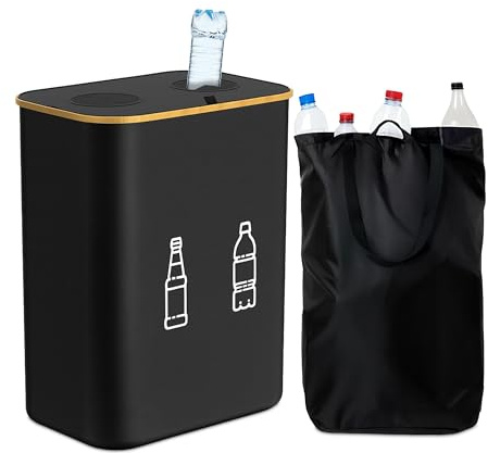 Relaxdays Conteneur à Bouteilles 160 l, 2 Sacs, H x L x P : 75 x 57 x 37 cm, pour Verre et Plastique, Noir