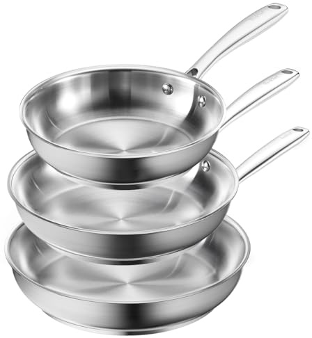 Redchef Set di padelle in acciaio inossidabile non rivestite, set di padelle per induzione, padelle senza PFAS, manico in acciaio inossidabile, manico rivettato adatto a tutti i tipi di fornelli