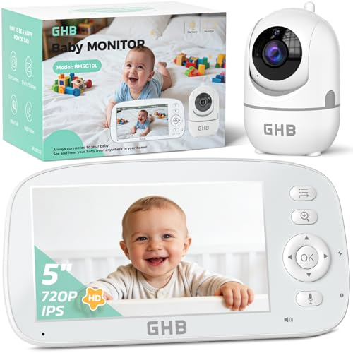 GHB Baby Monitor with Camera and Night Vision, 5 Inch Screen, 2-Way Audio, Temperature Sensor, 4X Zoom, Lullabies, Feeding Reminder, VOX Mode, White
