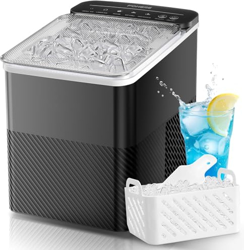 FOHERE Tragbare Eiswürfelmaschine – Selbstreinigend, 14 Kg/24h, 2 Größenwahl, Kompaktes Design, Ein-Knopf-Einstellung, Intelligente Warnungen, inkl. Schaufel & Korb für Home/Bar/Büro/Camping (Schwarz)