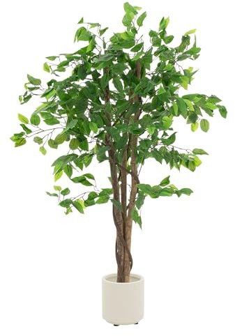 ML-Design Kunstpflanze Ficus 120 cm, Künstliche Pflanzen groß wie echt, Fake Zimmerpflanze mit Naturholzstamm im Topf, Deko Plastikpflanzen Innen/Außen, Pflegeleichter Kunstbaum für Wohnzimmer & Büro