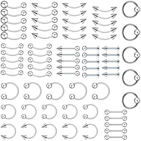 70Pcs Lip Piercing Jewellery Set, Vertical Labret Lip Bars Eyebrow Bar Tongue Bars Eyebrow Piercing Jewellery Curved Barbell Piercings Nose Ring Horseback Tongue Eyebrow Ear Barbells
