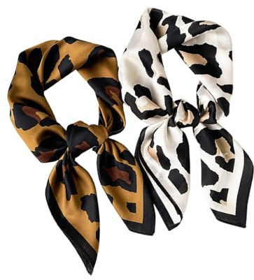 lurora2021 2 Foulard Cheveux Femme – Bandana Soie et Foulard Léopard en Satin-Chiffon, 70x70 cm, Écharpe Carrée Élégante, Accessoire Mode Polyvalent pour Cheveux et Cou, Cadeau pour Femme
