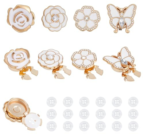 NBEADS 8 st knappskydd för kvinnor med 20 st 11 mm sömnadsknappar, fjärilsblomma manschettknappar clip-on dekorativa knappar för blusar skjortor kläder utsmyckningar, vit
