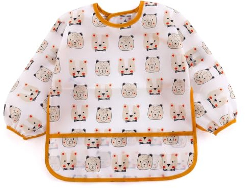 PBAFTY Babero con Mangas Impermeable para Bebé, Delantal Infantil de Manga Larga para Alimentación Complementaria y BLW, Diseño de Oso, Talla 90 para Niños y Niñas de 6 a 24 Meses