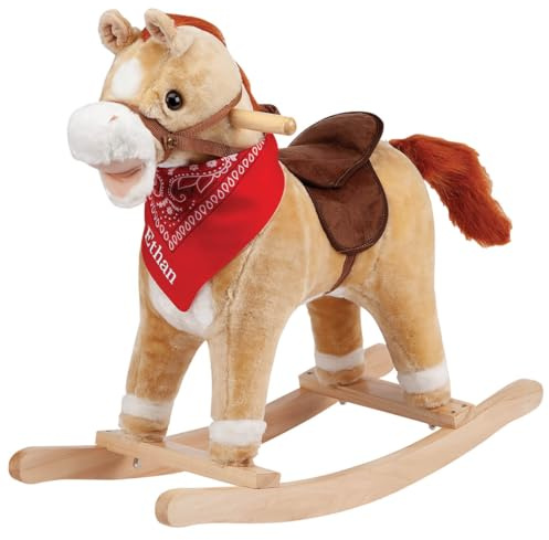 Custom Animated Rocking Horse – Soft Plush Ride-On Pony with Sounds, Movable Mouth & Tail – Includes Custom Bandana – 25 Wooden Base