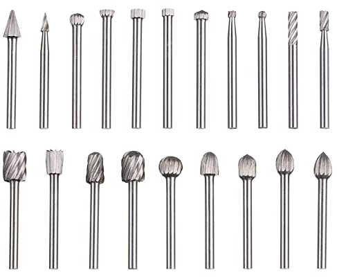 HPMAISON 20pcs Head Tungsten Carbide HSS Rotary Burr Set, Wood Carving Drill Bits Set with 3mm Shank Cutter Compatible for Dremel Rotary Tools DIY Woodworking, Carving, Engraving, Drilling