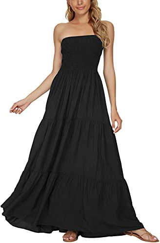 Timathous Donna off Shoulder Estiva Senza Spalline Spiaggia Bohemien Maxi Abito,Top A Tubo Lungo Abiti Vestito(109 IT-Black-L)