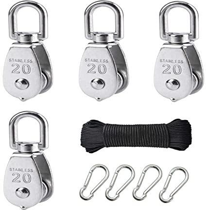 4 Stück M20 Umlenkrolle,Edelstahl Flaschenzugrolle,Seilrolle,Flaschenzug Einzelsatz,Mit 4 x M5 Karabinerhaken und 20m Schwarzem 6mm Seil (100KG)