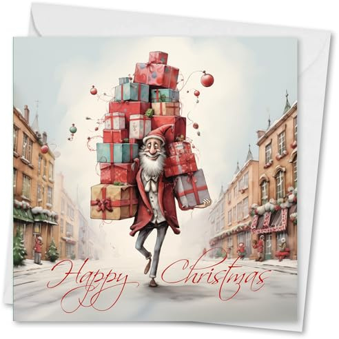 Charity Christmas Cards Pack of 10. Each Christmas Card Pack Contains a Jolly Man with Presents Designs. Ecofriendly and UK Made. Verse Inside. 150x150mm Card Size.