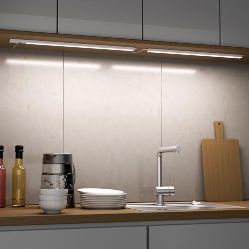 ENUOTEK Réglette LED Cuisine 60cm avec 5 Couleurs de Lumière, Eclairage LED Cuisine Sous Meuble avec Détecteur de Mouvement Intérieur, 10W 800Lm Lampe avec Placard et Prise (lot de 2)