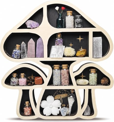 FNYDOX Wooden Mushroom Floating Shelves, Crystal Display Shelf for Wall, Cute Mushroom Wall Decor, Rock Gem Stone Storage Organizer, Essential Oil Holder Hanging Case, Meditation Art Spiritual Gift