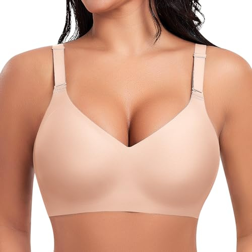 Ganado Sujetador sin Aros con Relleno Mujer Sujetadores Push Up sin Costuras Bralette Comodos Cuello V (Claro,S)