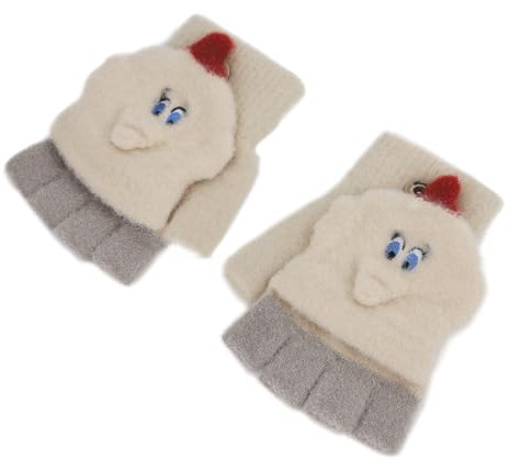 JIAHG 5-7 Years Kids Winter Knitted Half Finger Gloves with Thick Plush Lining Cute Animal Pattern Convertible Flip Top Gloves Child Cold Weather Gloves for School Outdoor Playing Cycling
