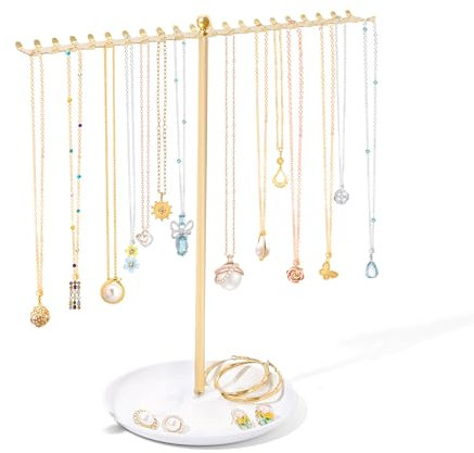 MOFASVIGI Necklace Jewellery Stand,12 Tall Sturdy Gold Metal Jewellery Organiser for Necklace Jewelry Holder Display Stand with Round Tray