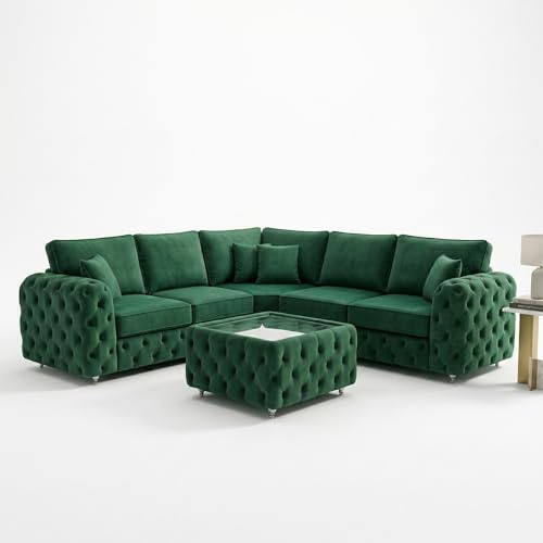 ASHTON CHESTERFIELD VELVET Corner Sectional Sofa, Tufted L-Shape Couch, Rolled Arms, Nailhead Trim, High-Density Foam Cushions, Solid Wood Frame Living Room Sofa (2C2 Corner+Ottoman) (Green)