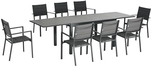 Outsunny Conjunto de Muebles de Jardín de 9 Piezas Mesa Extensible Gris | 8 Sillas Apilables, Juegos de Comedor de Jardín Exterior, Estructura de Aluminio, Terraza y Patio