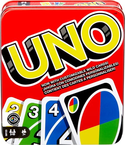 UNO Family Card Game in a Sturdy Storage Tin with 112 Cards, Travel-Friendly, Makes a Great Gift for 7 Year Olds and Up, GDJ85