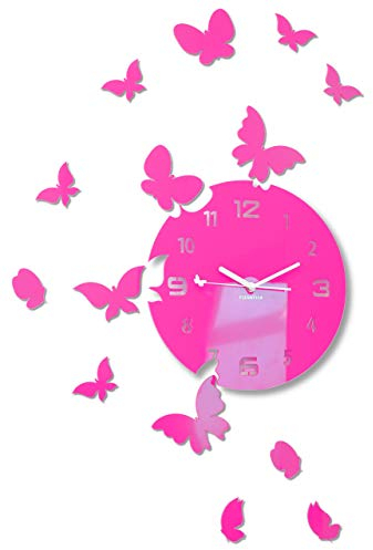 FLEXISTYLE z4g-8 Große Moderne Wanduhr Schmetterling rund 30cm, 15 Schmetterlinge, Wohnzimmer, Schlafzimmer, Kinderzimmer, Produkt in der EU hergestellt (Pink)