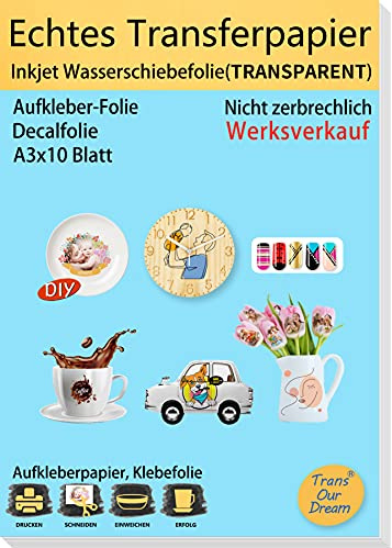 TransOurDream Riktigt bläckstråleskrivare vattenskjutfilm (transparent) för bläckstråleskrivare, A3X10 ark, överföringsfolie, tryckt självhäftande papper för leksaksmodeller, koppar, keramik, glas, ljus (06-10)
